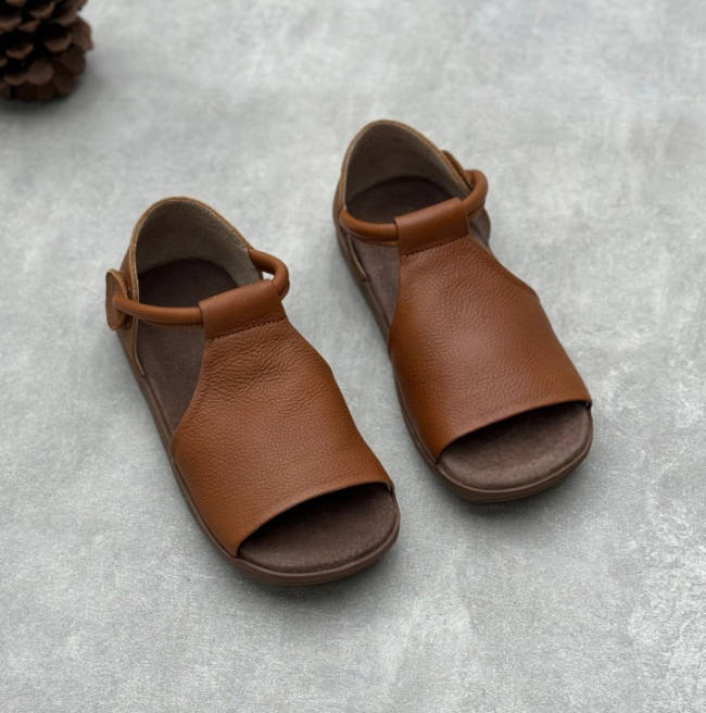 Vintage Women Genuine Leather Fish Mouth  Magic Tape Sandals