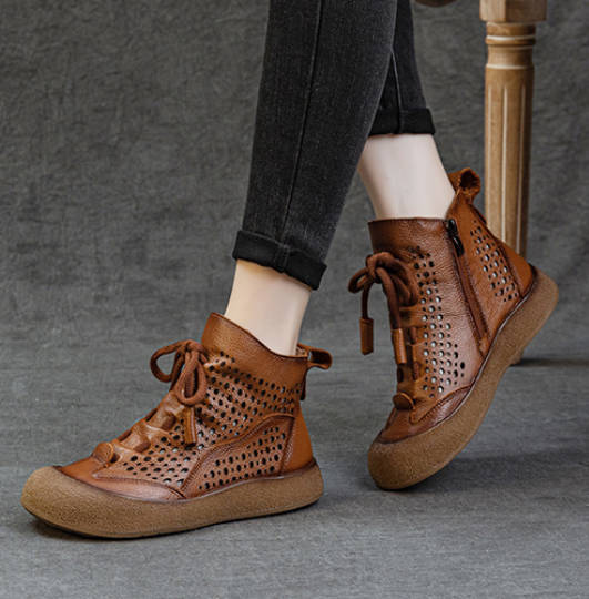 Vintage Genuine Leather Round Toe Cut Out Casual Boots