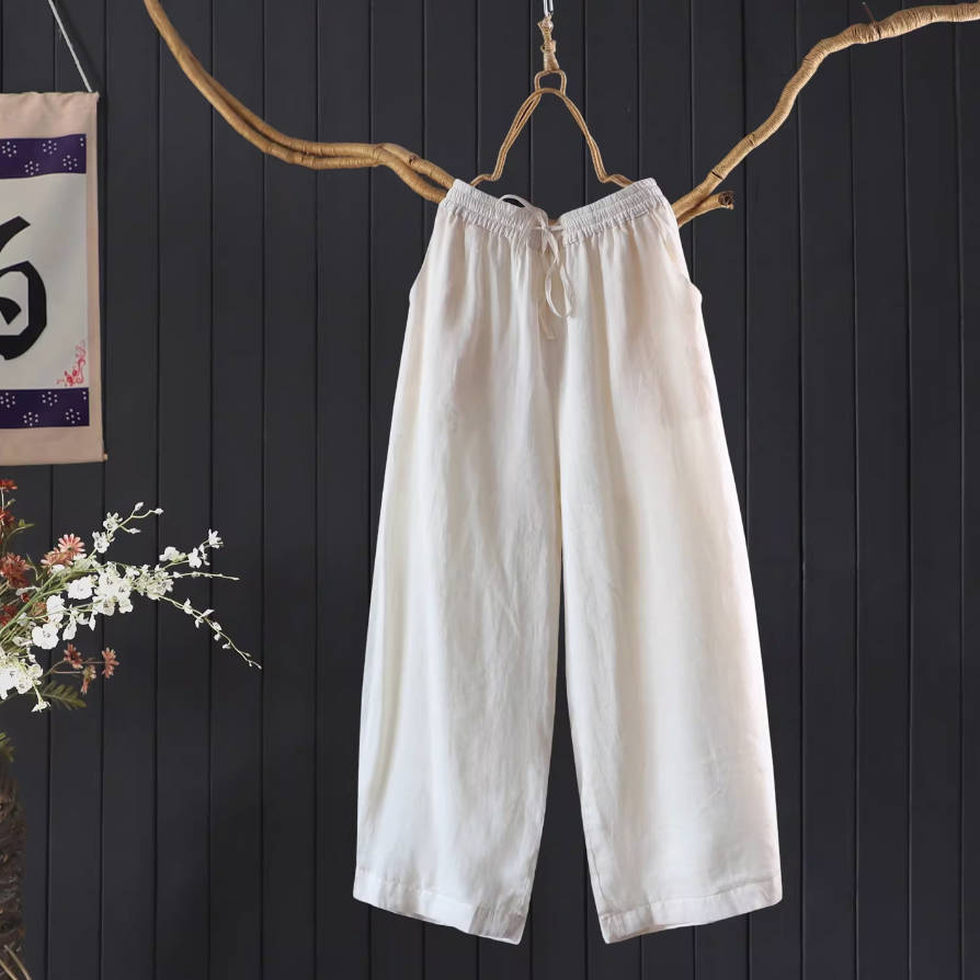 Summer Retro Ramie Think Breathable Elastic Waist Pocket Pants