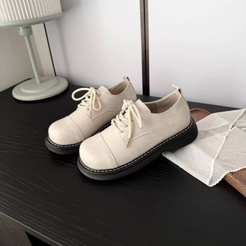 Spring Genuine Leather Round Toe Versatile Lace-Up Flat Shoes