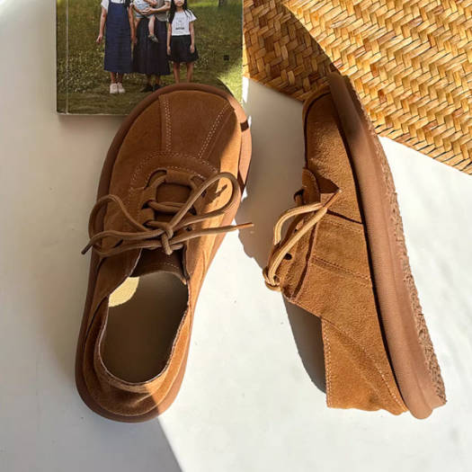 Retro Leather Sueded Round Toe Lace-Up Soft Sole Flat Shoes
