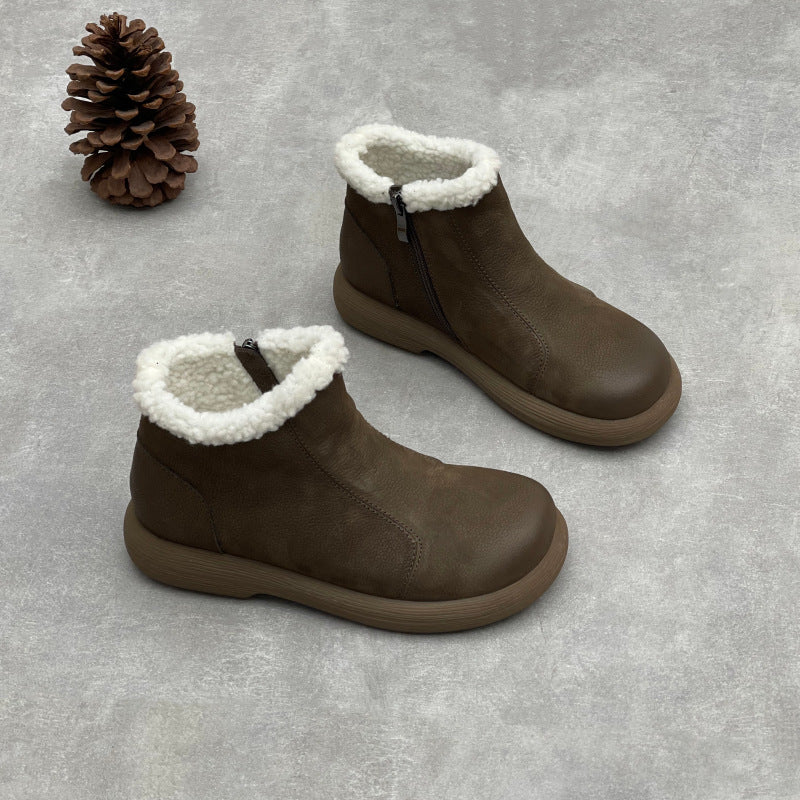 Genuine Leather Soft Sole Warm Fleece-Lined Zipper Ankle Boots