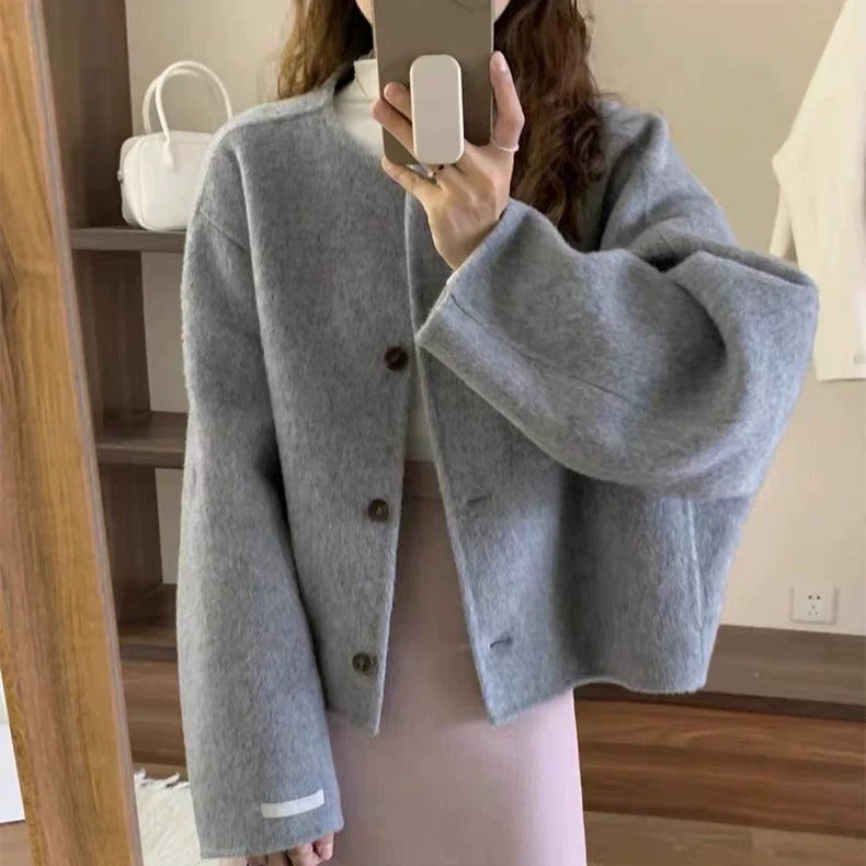 Autumn Retro Simple Double-Faced Wool Round Neck Warm Coat