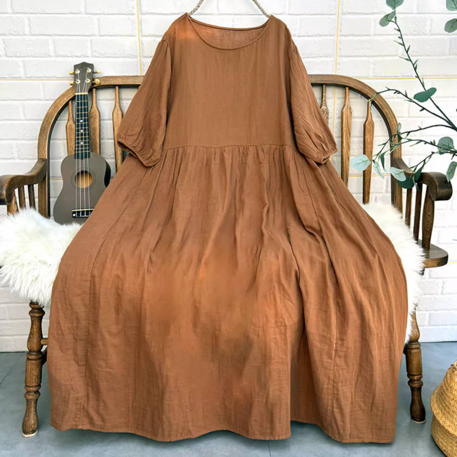 Retro Cotton 3/4 SleevesRound Neck Loose Plus Size Dress