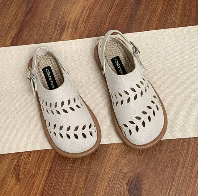 Vintage Women Leaf Hallow out Open-Back Mule Sandals Slip-On