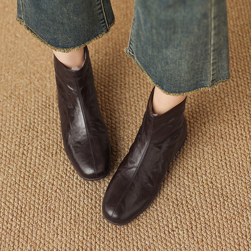 Winter Sheepskin Leather Solid Color Wool-In Soft Flat Sole Ankle Boots