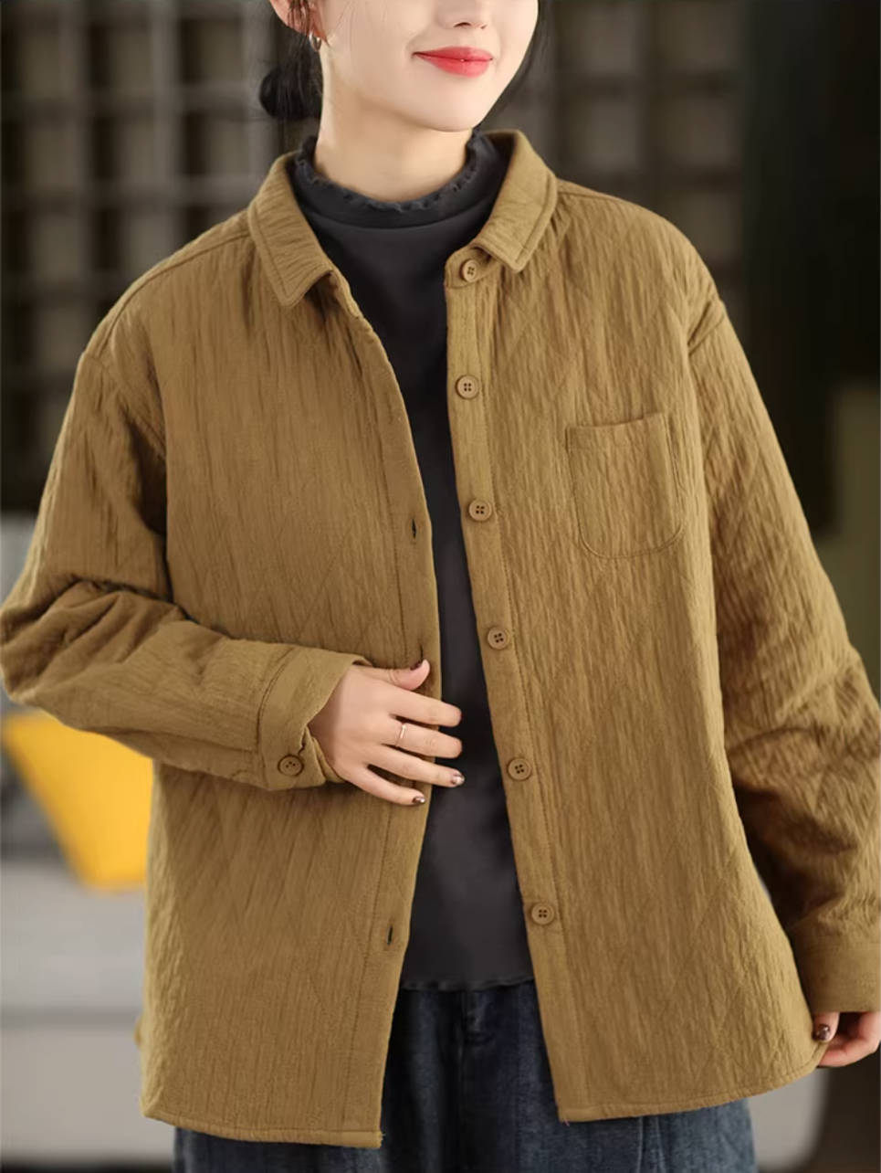 Winter Cotton Retro Solid Color Slim Cotton-In Shirt Coat