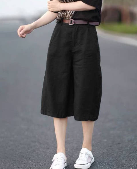Summer Solid Color Linen Capri Casual Straight Cut Loose Pants