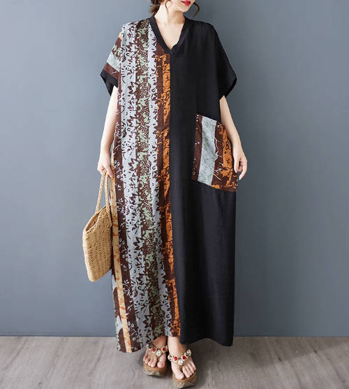 Slimming Cotton-Linen Print V-Neck Short-Sleeve Color-Block Long Top Dress