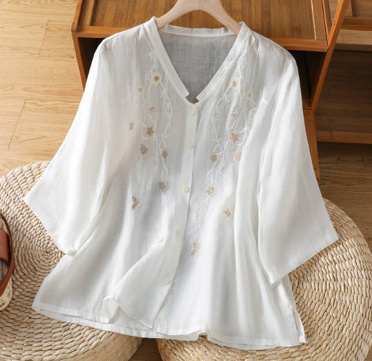 Vintage Embroidered Loose Linen V-Neck Mid Sleeve Top Shirt