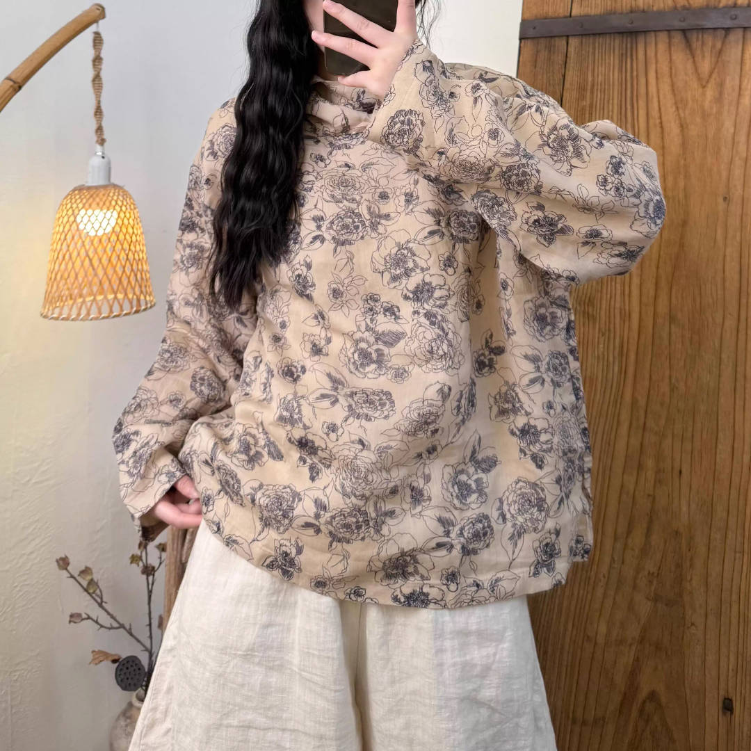 Spring Ramie Retro Casual High Neck Double-Layer Floral Tops