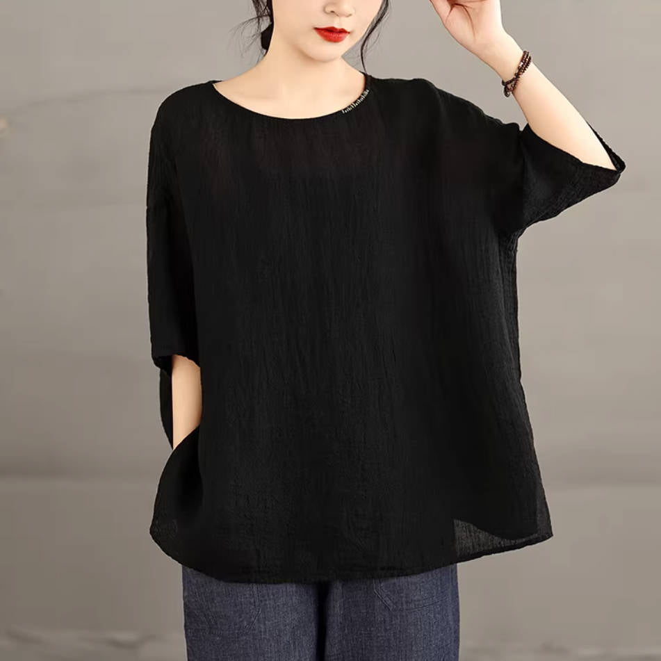 Spring Linen Round Neck Thin Half Sleeves Loose Casual Tops