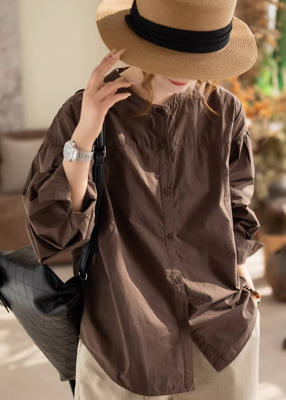 Solid Color Cotton Retro Round Neck Thin Soft Loose Casual Shirts