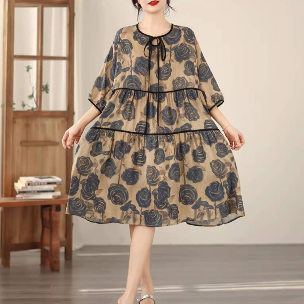 Summer Linen Loose Floral Printed Lace-Up Half Sleeves A-Line Dress