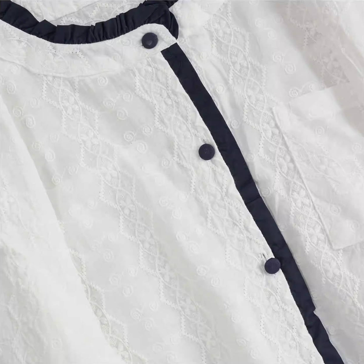 Spring Cotton Ruffled Neck Patchwork Embroidered Single-Breasted Shirt