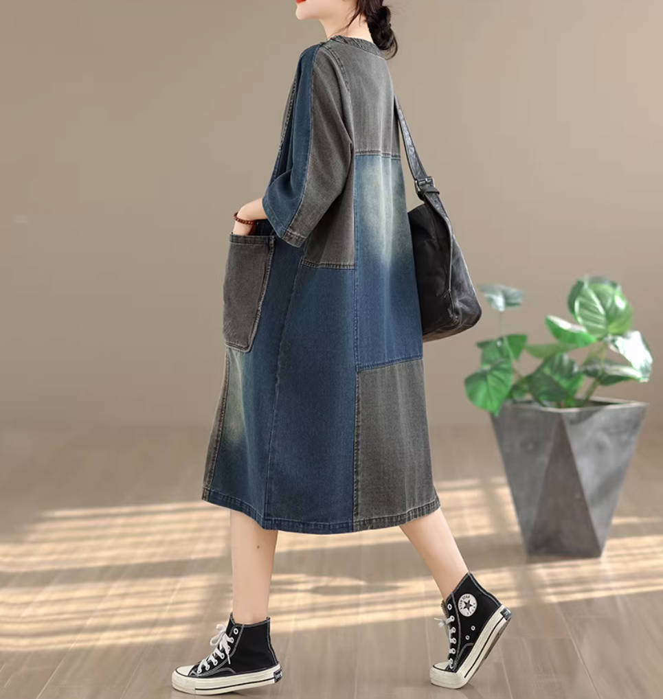 Spring Retro Denim Round Neck Patchwork Pocket Casual Loose Dress