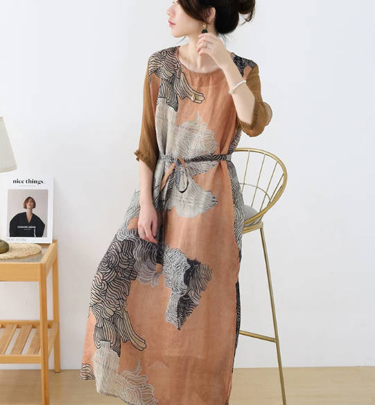 Vintage Elegant Pure Linen Ink Wash Print and Silk Splicing Dress