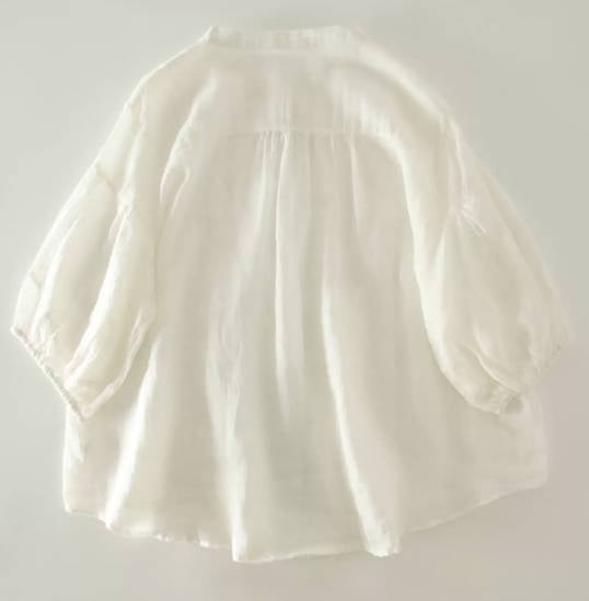 Spring Ramie Solid Color Short Sleeve Loose Fit Stand Collar Shirt