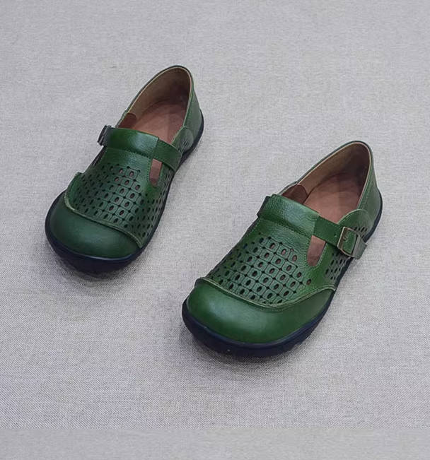 Retro Top Grain Leather Hollow Out Soft Buckle Flats