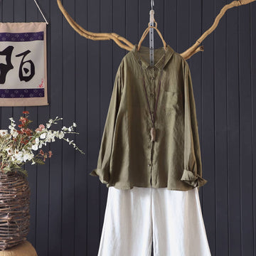 Autumn Linen Casual Singel-Breasted Loose Shirt With Pocket