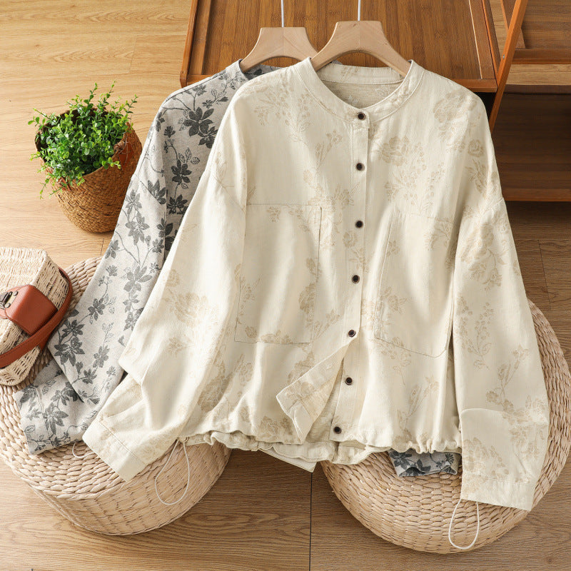 Bohemian Print Linen Shacket Stand Collar Long Sleeve Oversized Top