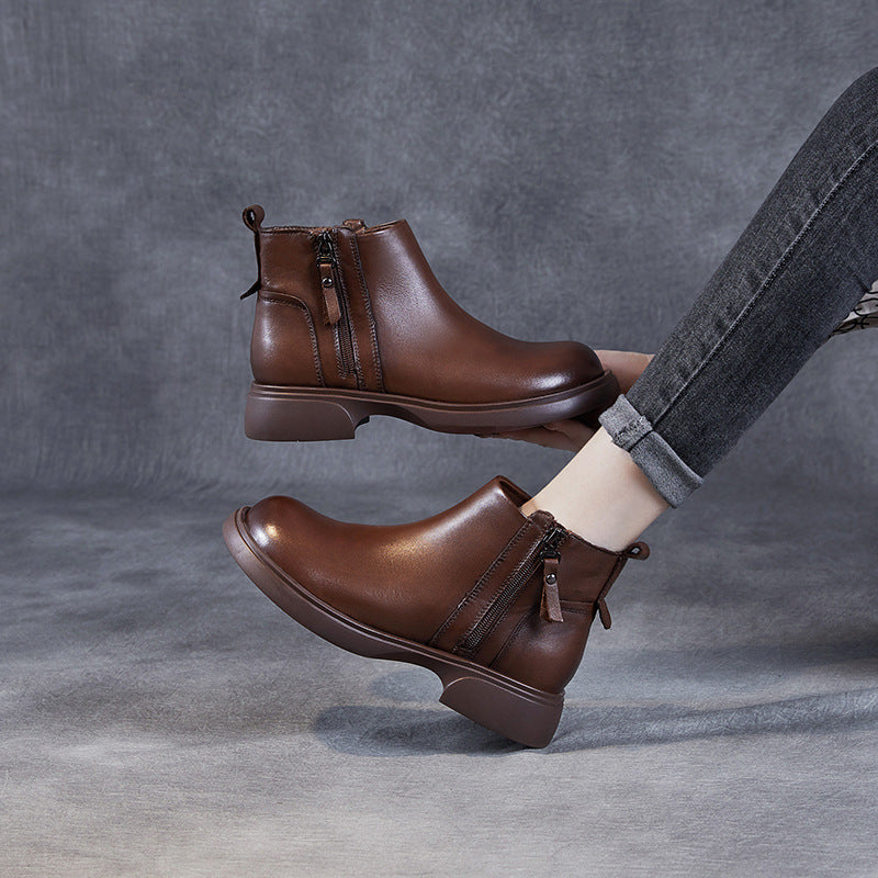 Retro Leather Casual Soft Flat Sole Simple Zipper Ankle Boots
