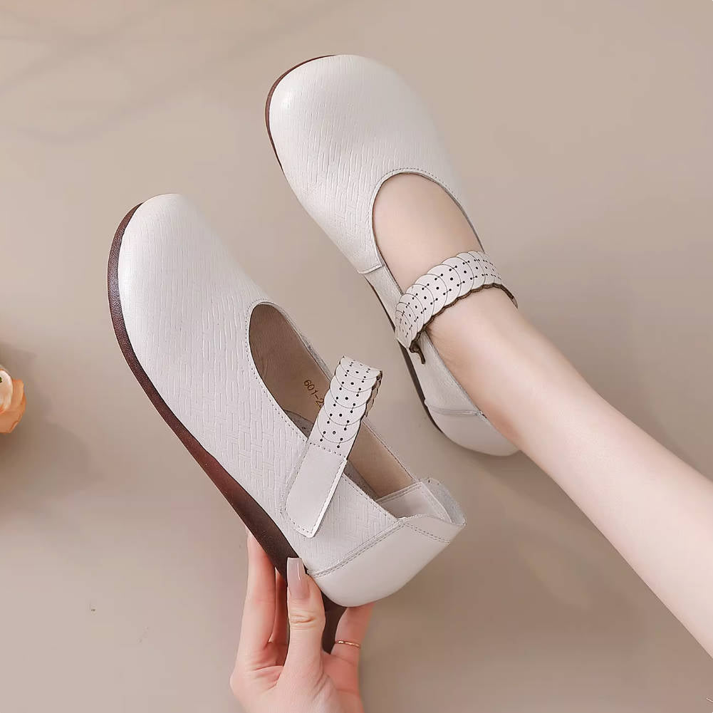 Retro Leather Woven Round Toe Comfortable One Straped Velcro Flats