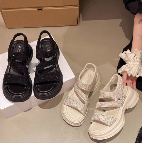 Summer Versatile Open Toe Rhinestones Roman Soft Platform Sandals-A