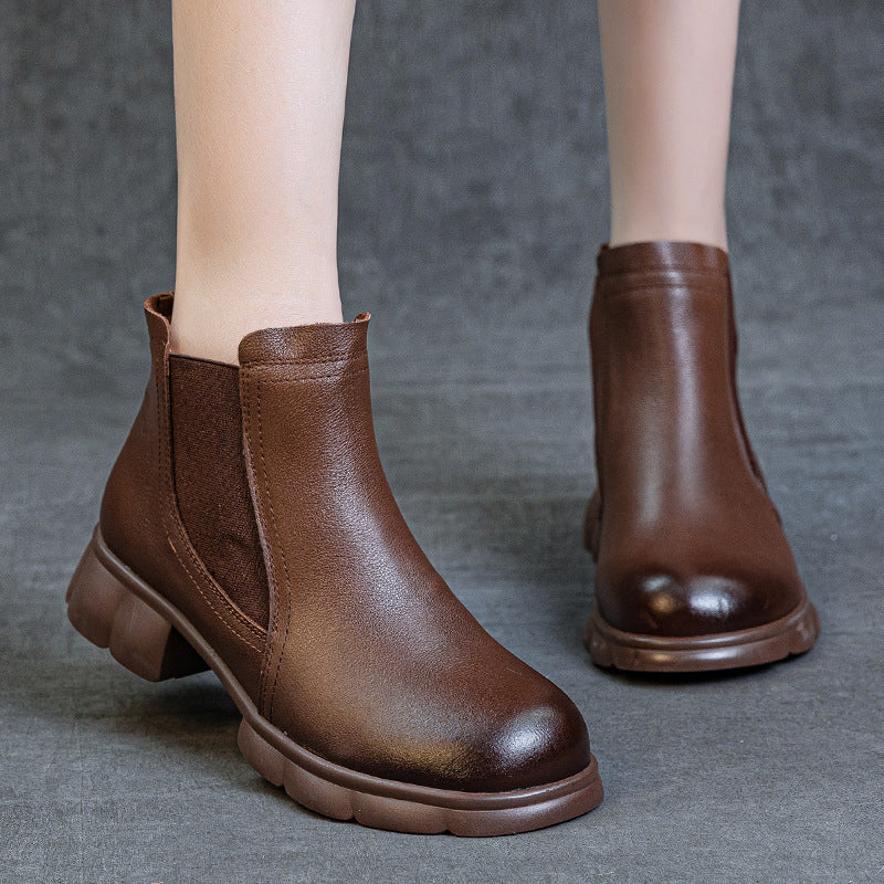 Trendy Genuine Leather Round Toe Elastic Slip-On Ankle Boots