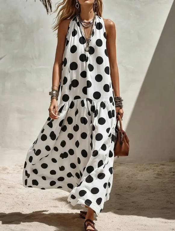 Summer V Neck Polka Dot Vacation Style Sleeveless Loose Long Dress