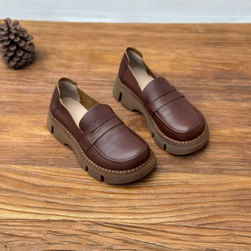Retro Leather Round Toe Casual Thick Soft Sole Slip-On Loafers