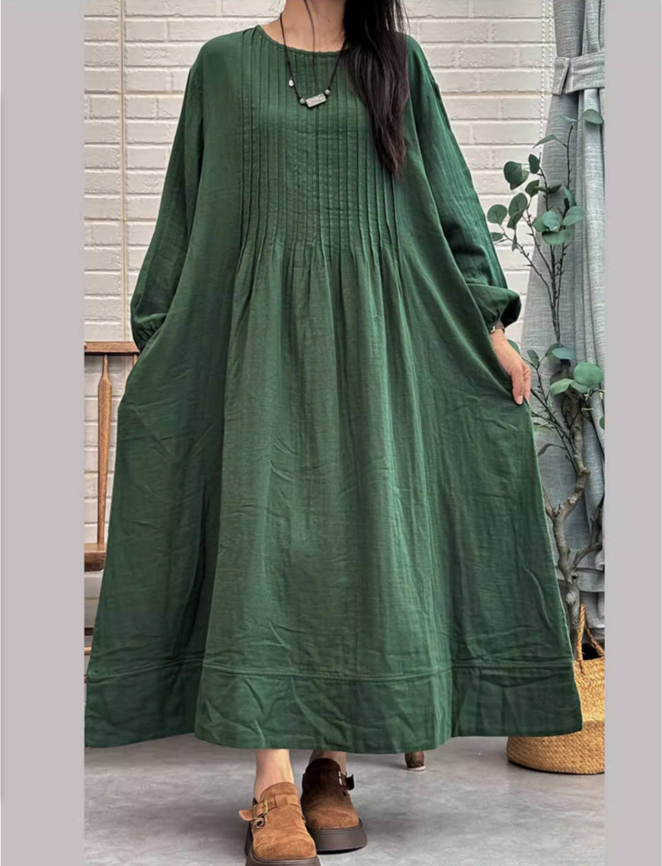 Autumn Cotton Retro Round Neck Loose A-Line Casual Dress