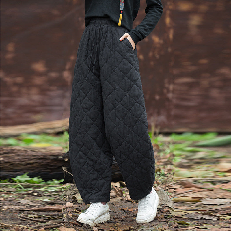 Winter Cotton Warm Thick Plaid Casual Loose Lace-Up Harem Pants