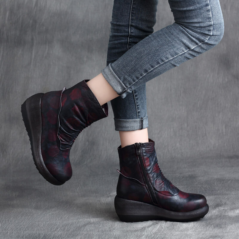 Babakud Women Autumn Winter Retro Leather Thick- Soled Wedge Heel Boots