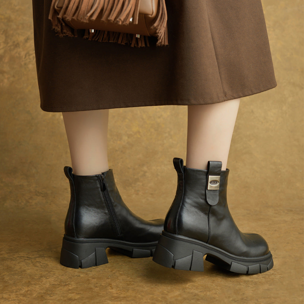 Women Autumn Genuine Leather Chunky Zipper Elegant Ankle Boots