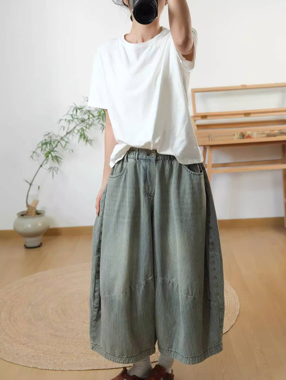 Spring Retro Blue Striped Denim Wide Legs Loose Elastic Waist Pants