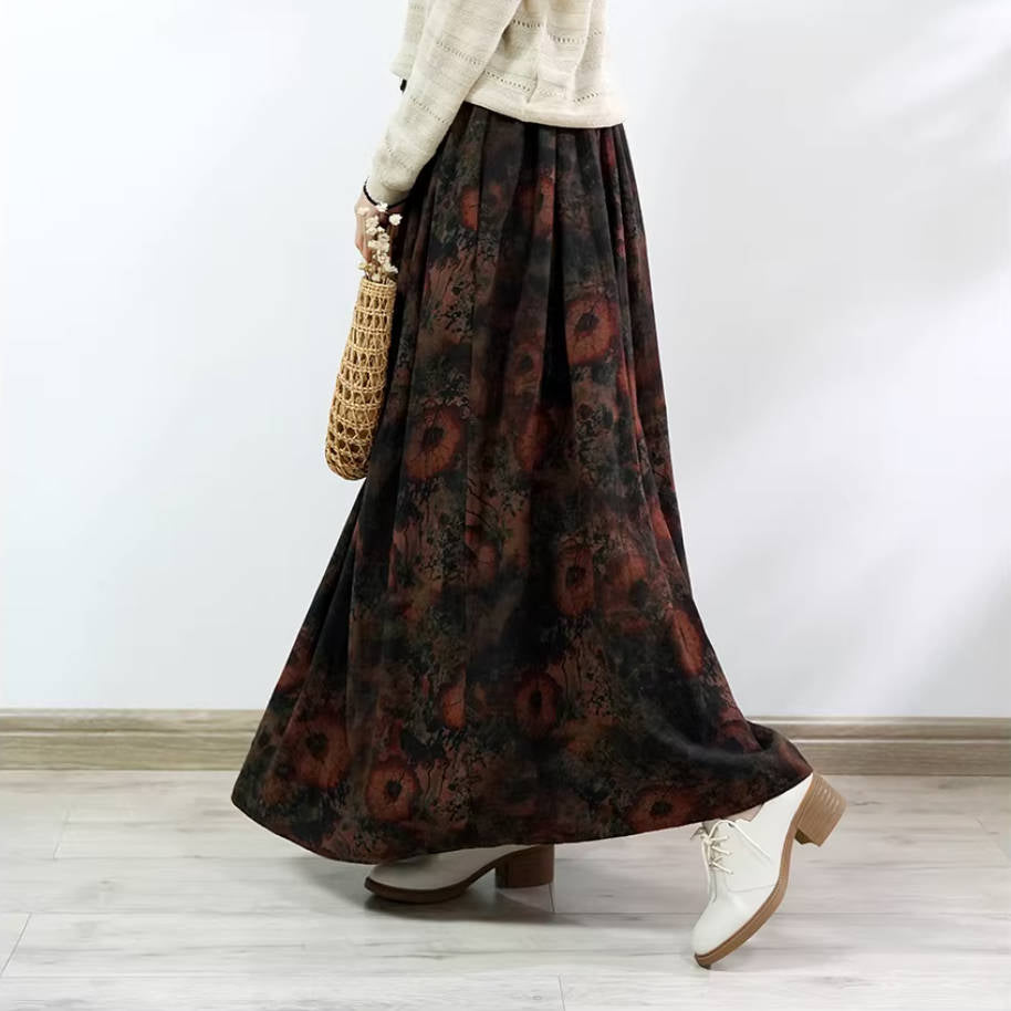Spring Retro Cotton Linen Printed High Elastic Waist Slim A-Line Skirt
