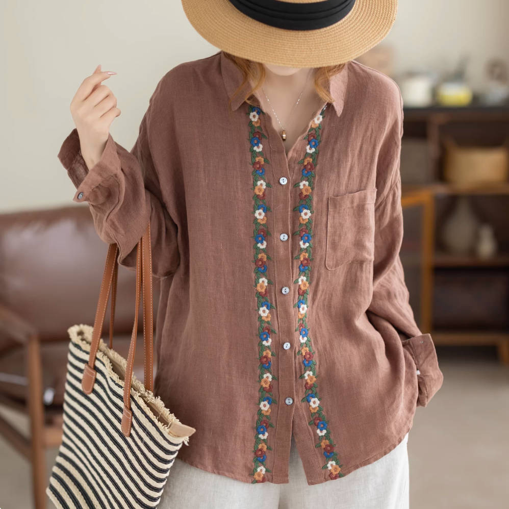 Spring Retro Linen Embroidered Thin Breathable Lapel Slim Shirt