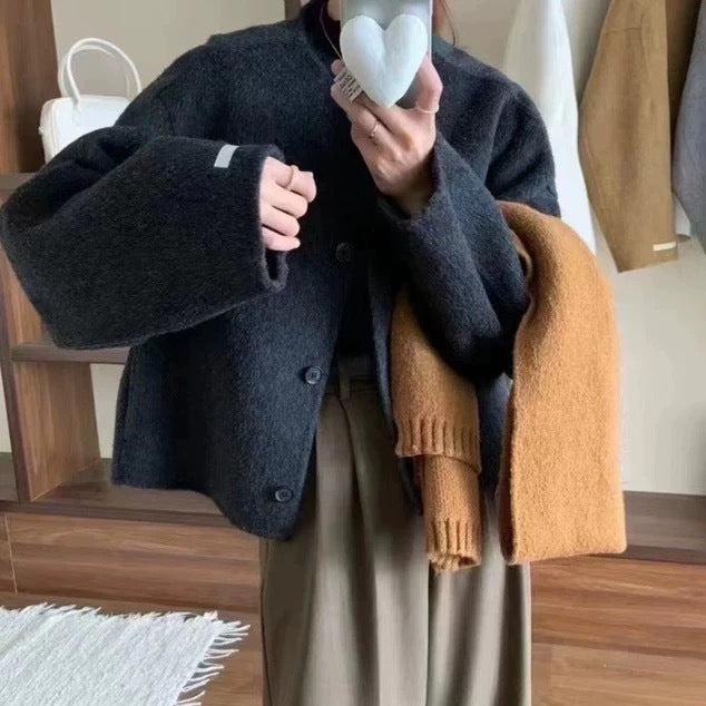 Autumn Retro Simple Double-Faced Wool Round Neck Warm Coat