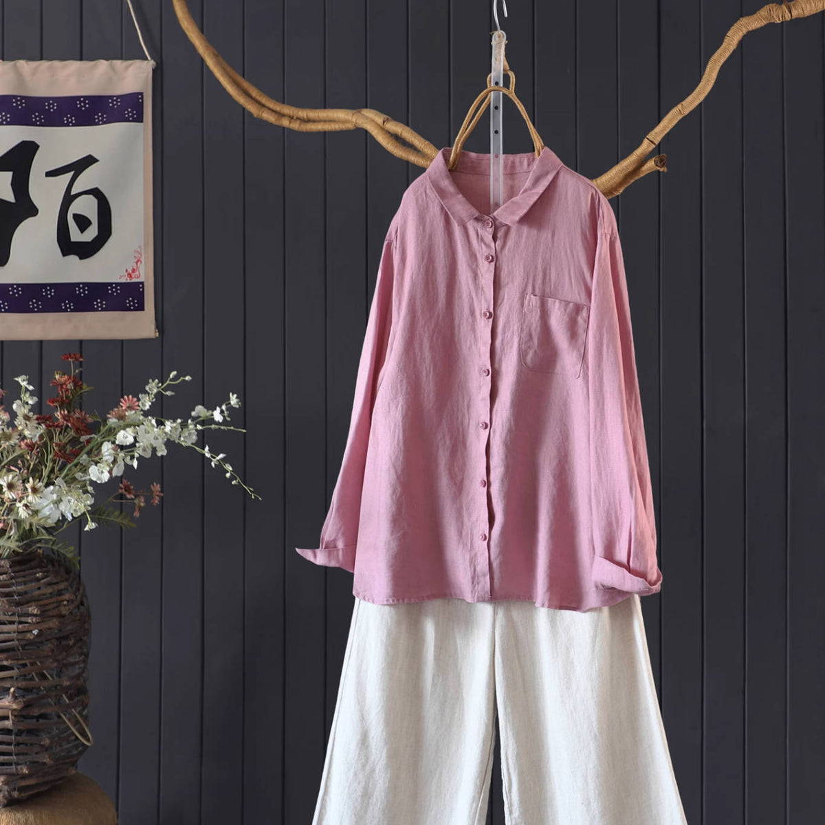 Autumn Linen Casual Singel-Breasted Loose Shirt With Pocket