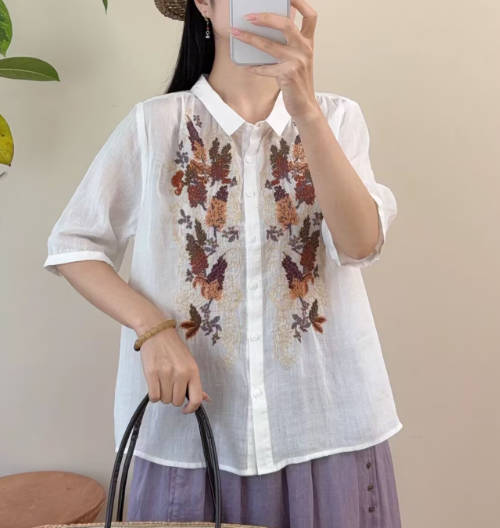 Vintage Versatile Ramie Shirt Cardigan Casual Top