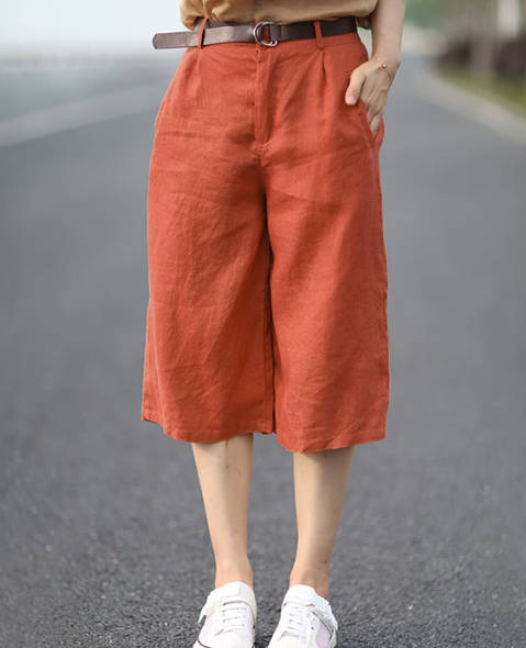 Summer Solid Color Linen Capri Casual Straight Cut Loose Pants