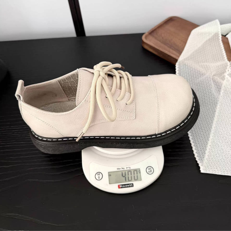 Spring Genuine Leather Round Toe Versatile Lace-Up Flat Shoes