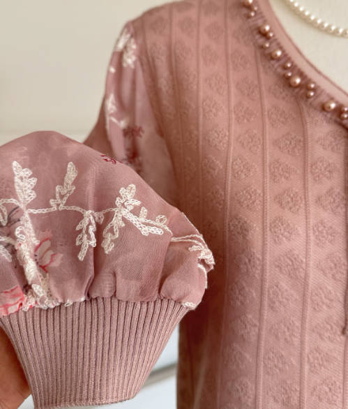 Women Autumn Loose Fit Flower Mesh Sleeves Shirt