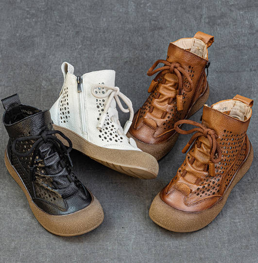 Vintage Genuine Leather Round Toe Cut Out Casual Boots