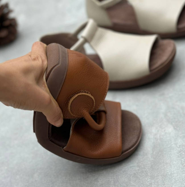 Vintage Women Genuine Leather Fish Mouth  Magic Tape Sandals