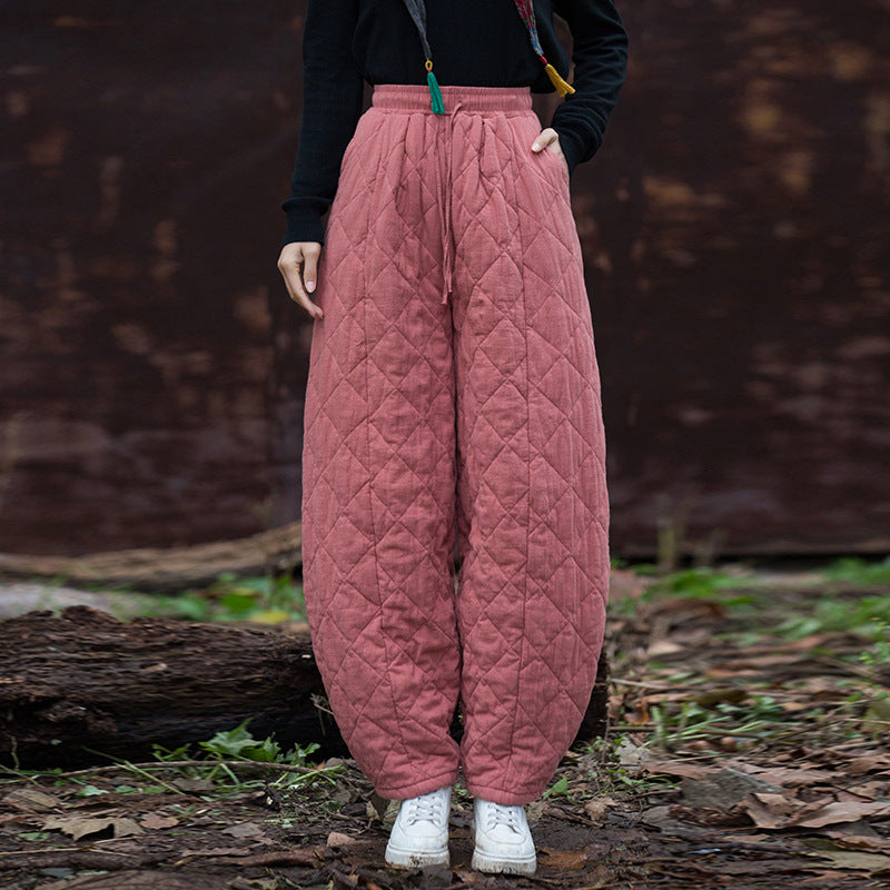 Winter Cotton Warm Thick Plaid Casual Loose Lace-Up Harem Pants