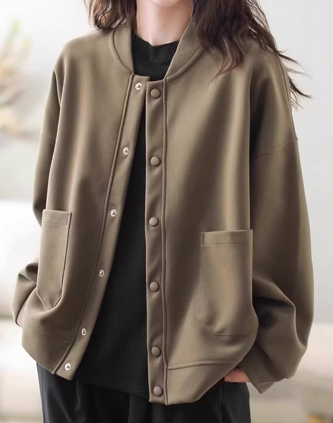Solid Color Warm Casual Stand Collar Loose Single-Breasted Jacket