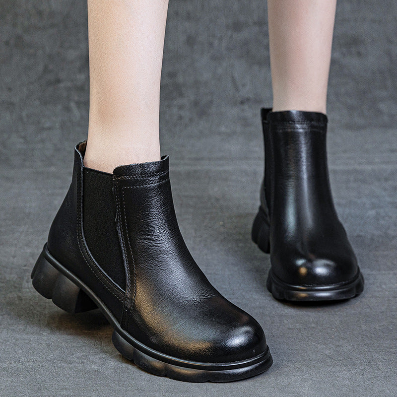 Trendy Genuine Leather Round Toe Elastic Slip-On Ankle Boots