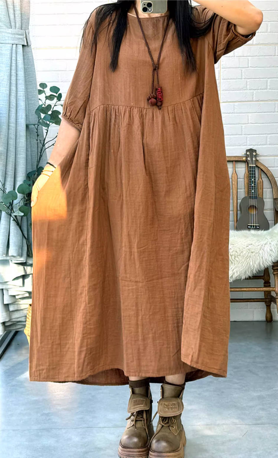 Retro Cotton 3/4 SleevesRound Neck Loose Plus Size Dress